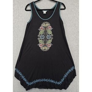 Vtg Krista Lee Women's M Dress Black Embroidery Beads Midi Umbrella Boho Indie